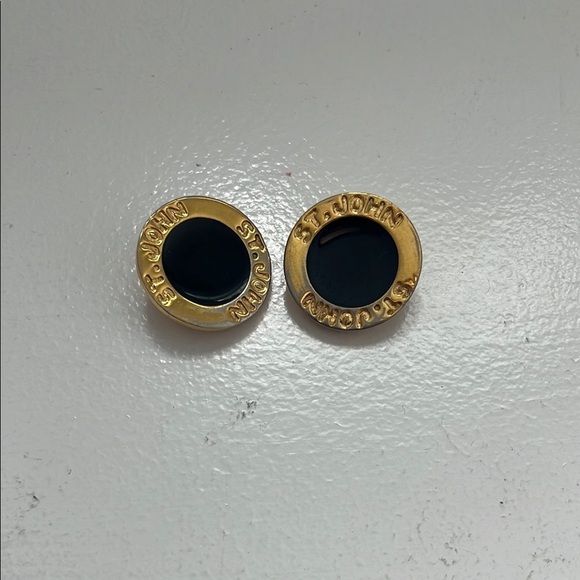 St. John Vintage 90s Black Enamel Clip-on Logo Earrings - Picture 1 of 2